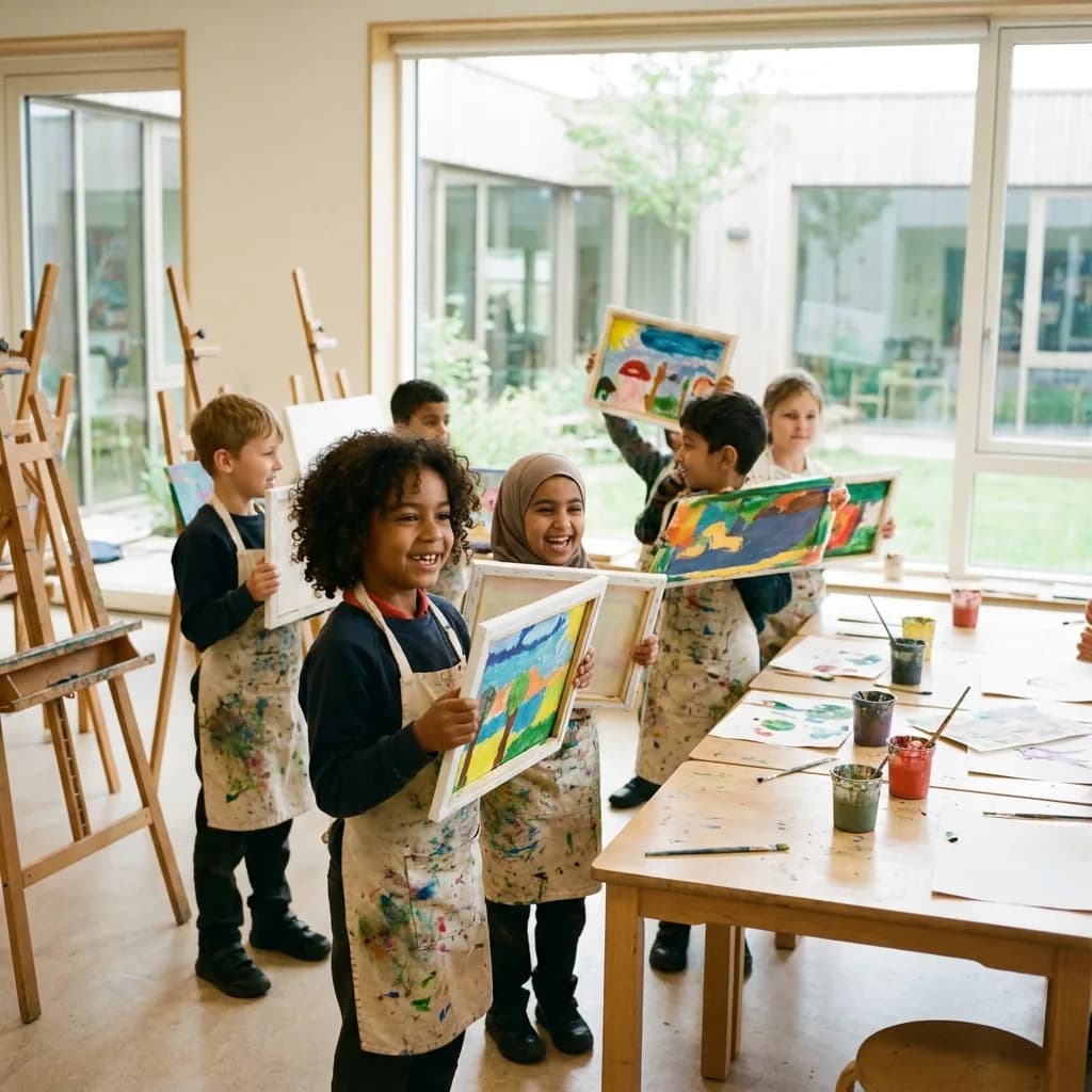 Art class with painted hands