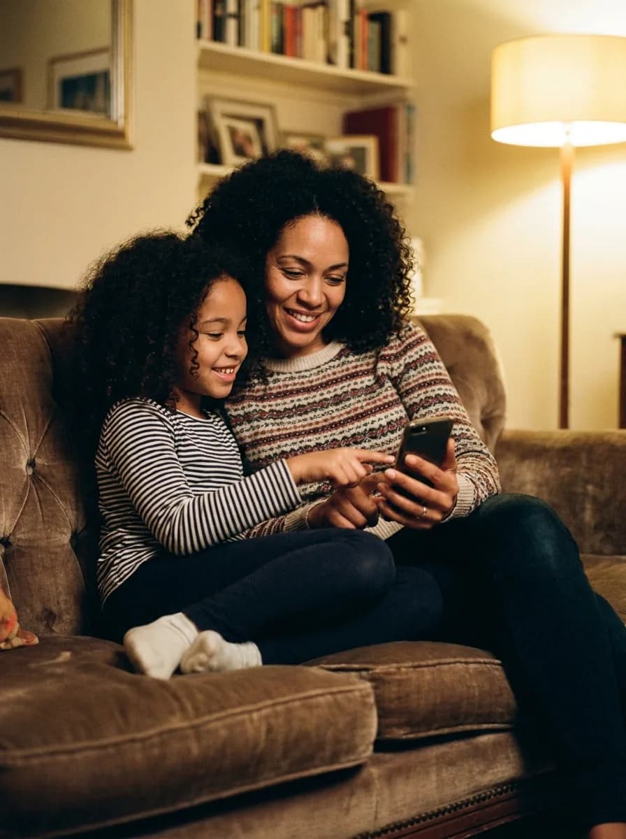 A mother and daughter looking at photos on a phone