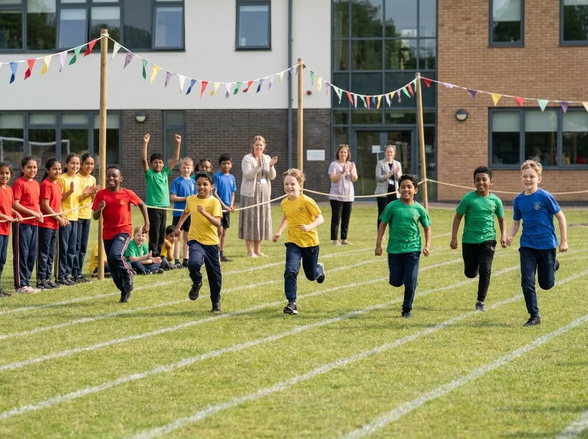 Students in team colours sprinting on sports day